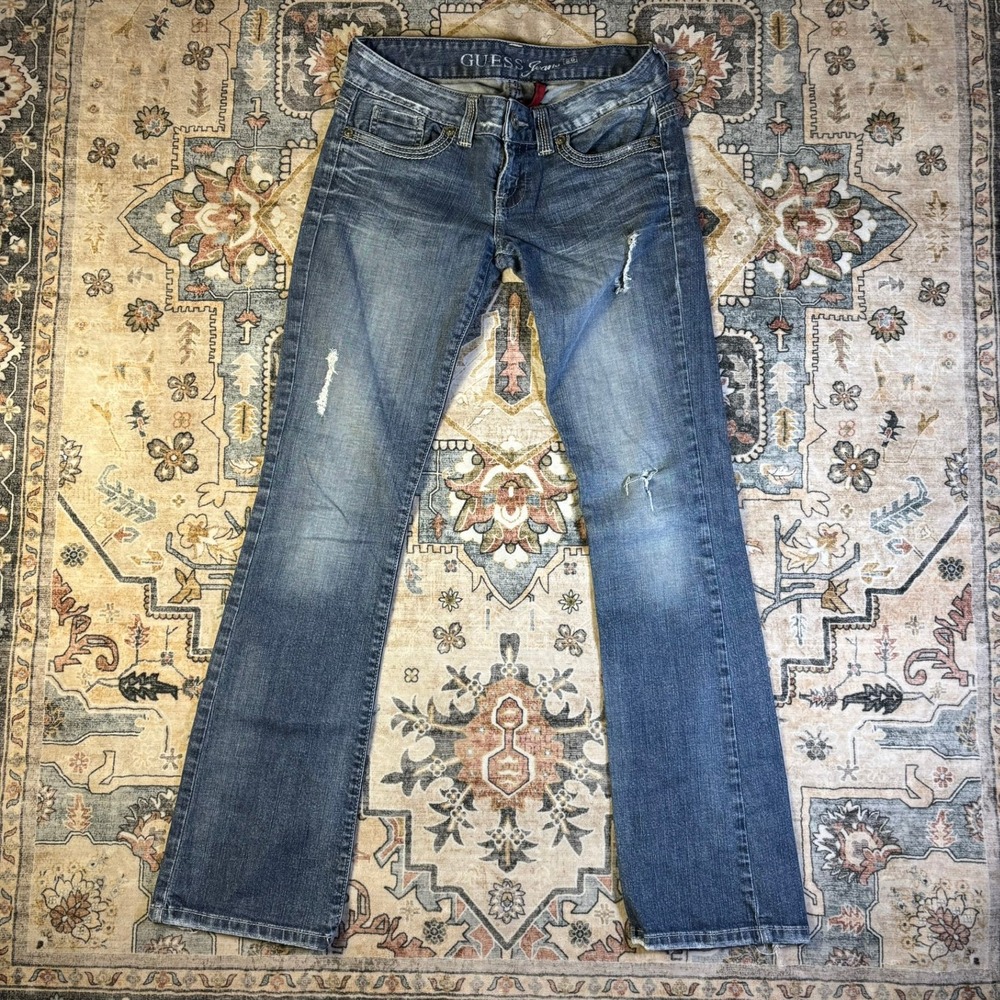 Y2K Guess Daredevil Bootcut Jeans Womens 28 Blue Distressed 2000s Low Rise Denim